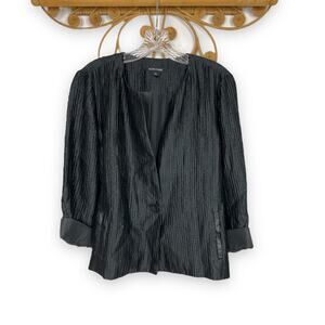 Eileen Fisher Black Collarless Crinkle Leather Trim Jacket M